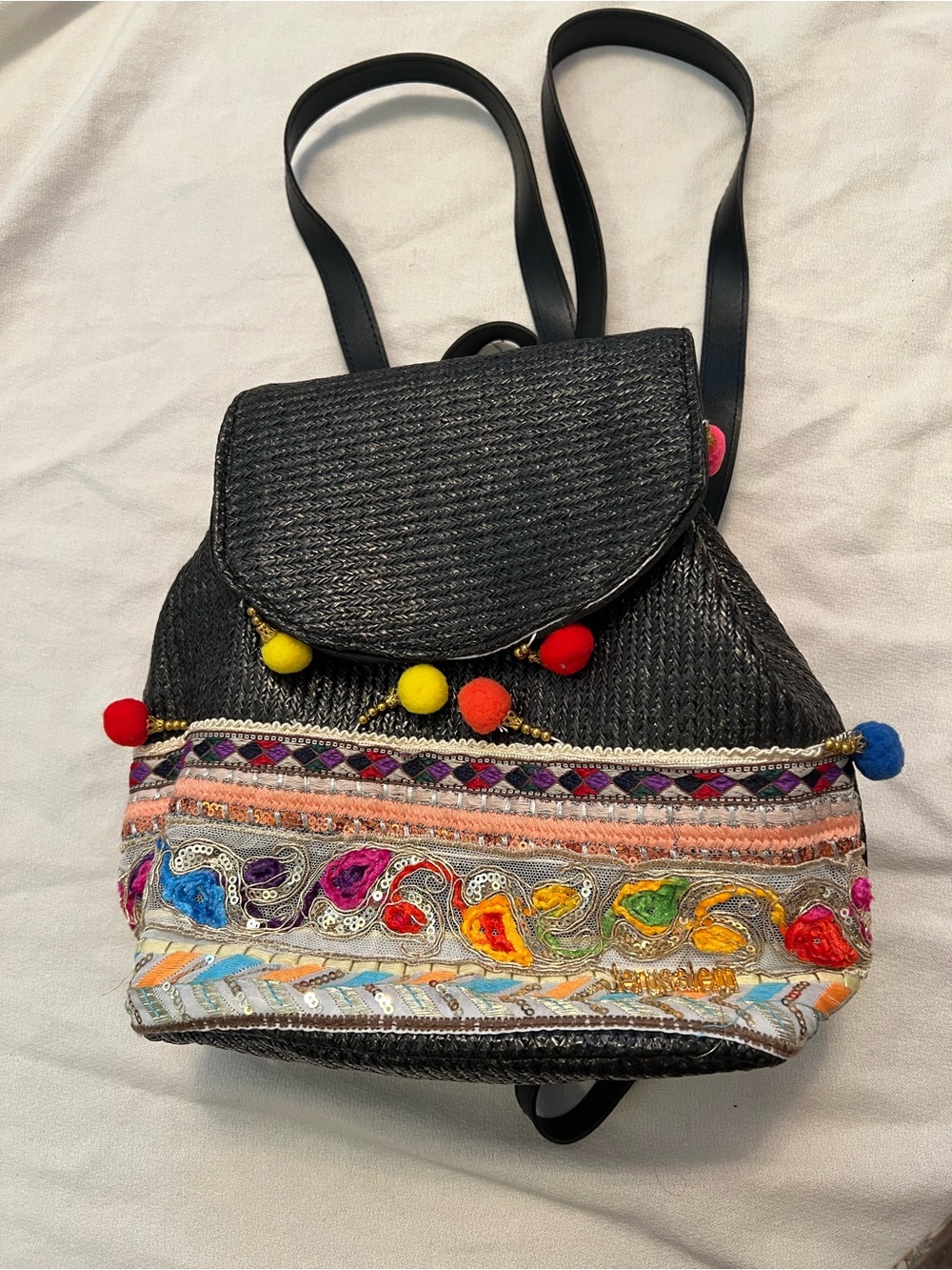 NWT Black Embroidered Mesh Sequins Boho Pom-Pom Woven Straw Backpack